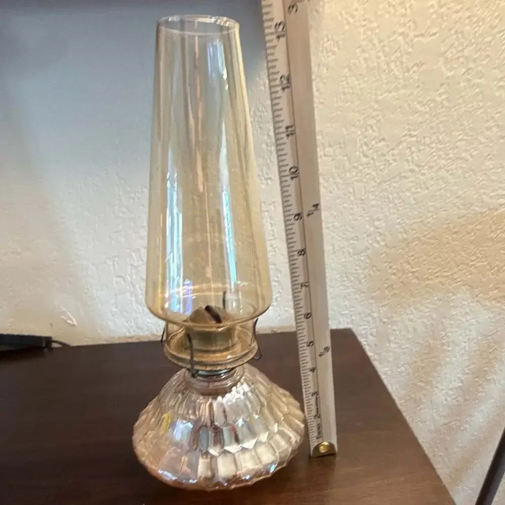 Vintage Amber Faceted Glass Oil Lamp Clear Chimney Hurricane Lamp 10